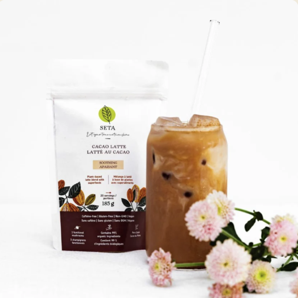 Latté au Cacao - Apaisant et Bien-être - Sans sucre ajouté - Superaliments - Plantes Adaptogènes - Sans Gluten - Vegan - 20 Portions - SETA Organic 185 g